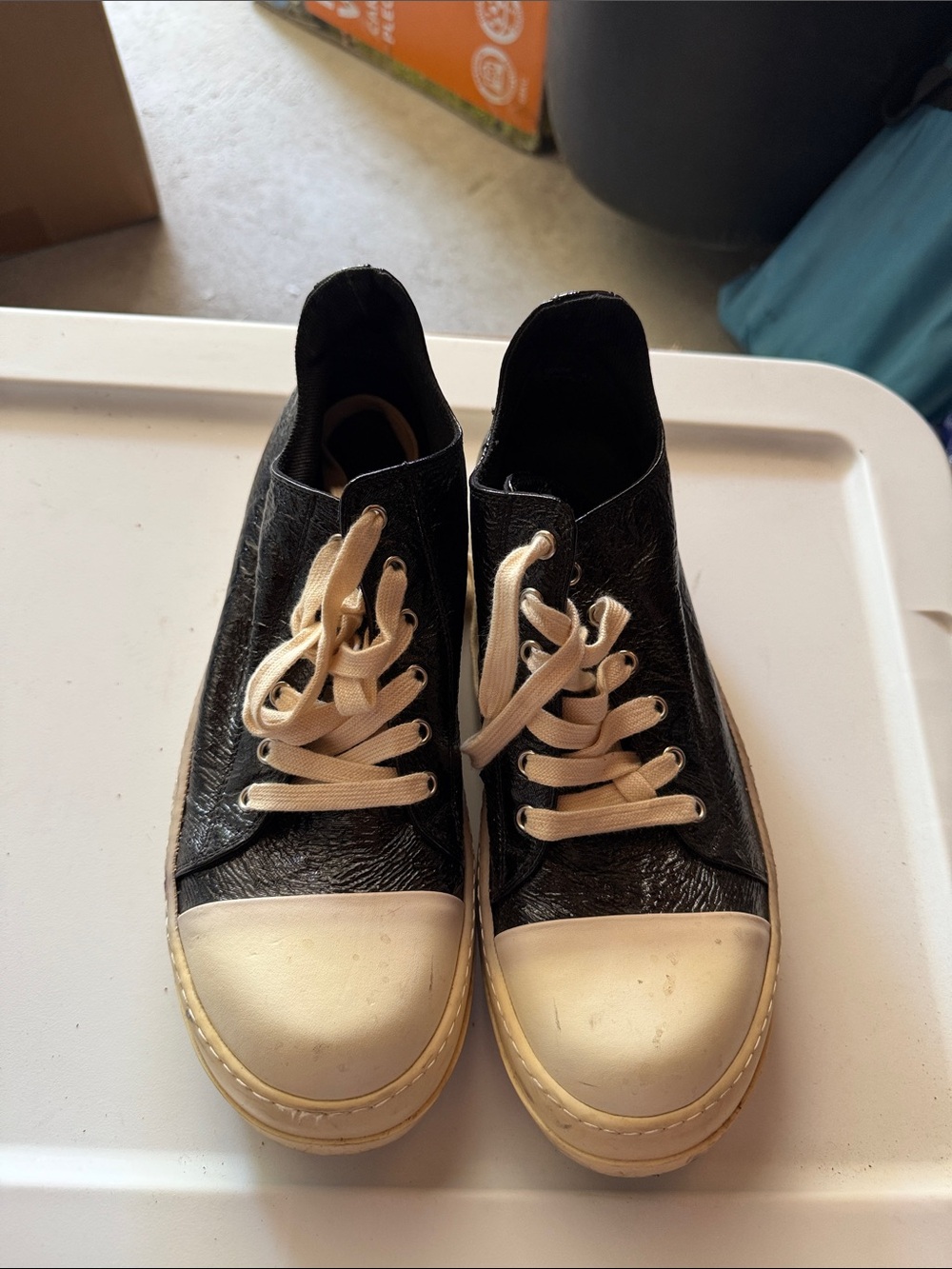 Rick Owens Black crinkle  Low-Top Sneakers with Cream Accents